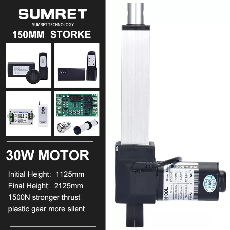 150mm Stroke Linear Electric Actuator Kit With RF Remote Controller Set 1500N 300N 52MM/S DC 12V 24V Motor Low Noise Waterproof