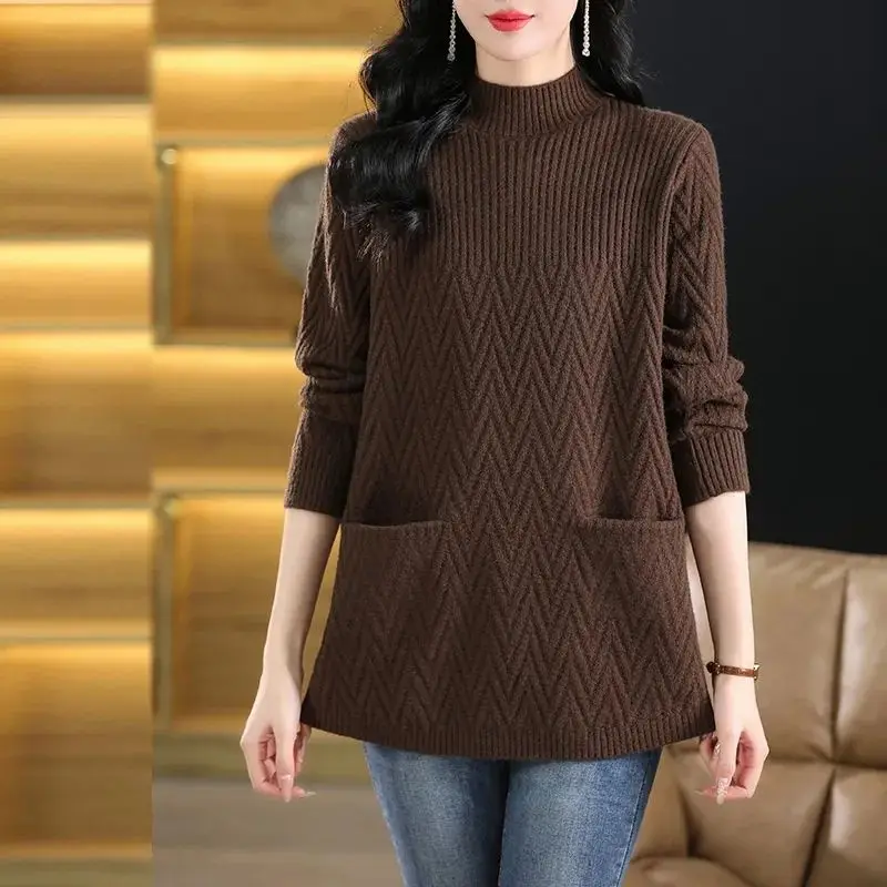 Temperament Autumn/Winter Women\'s Sweaters Pullovers Mock Neck Solid Pockets Screw Thread Fashion Long Sleeve Long Knitted Tops