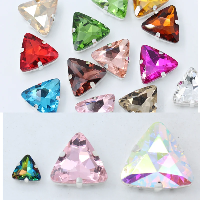 Crystal Glass triangle with silver claw rhinestone sew on Claw Setting glass stones for jewelry Clothing accessories decoration