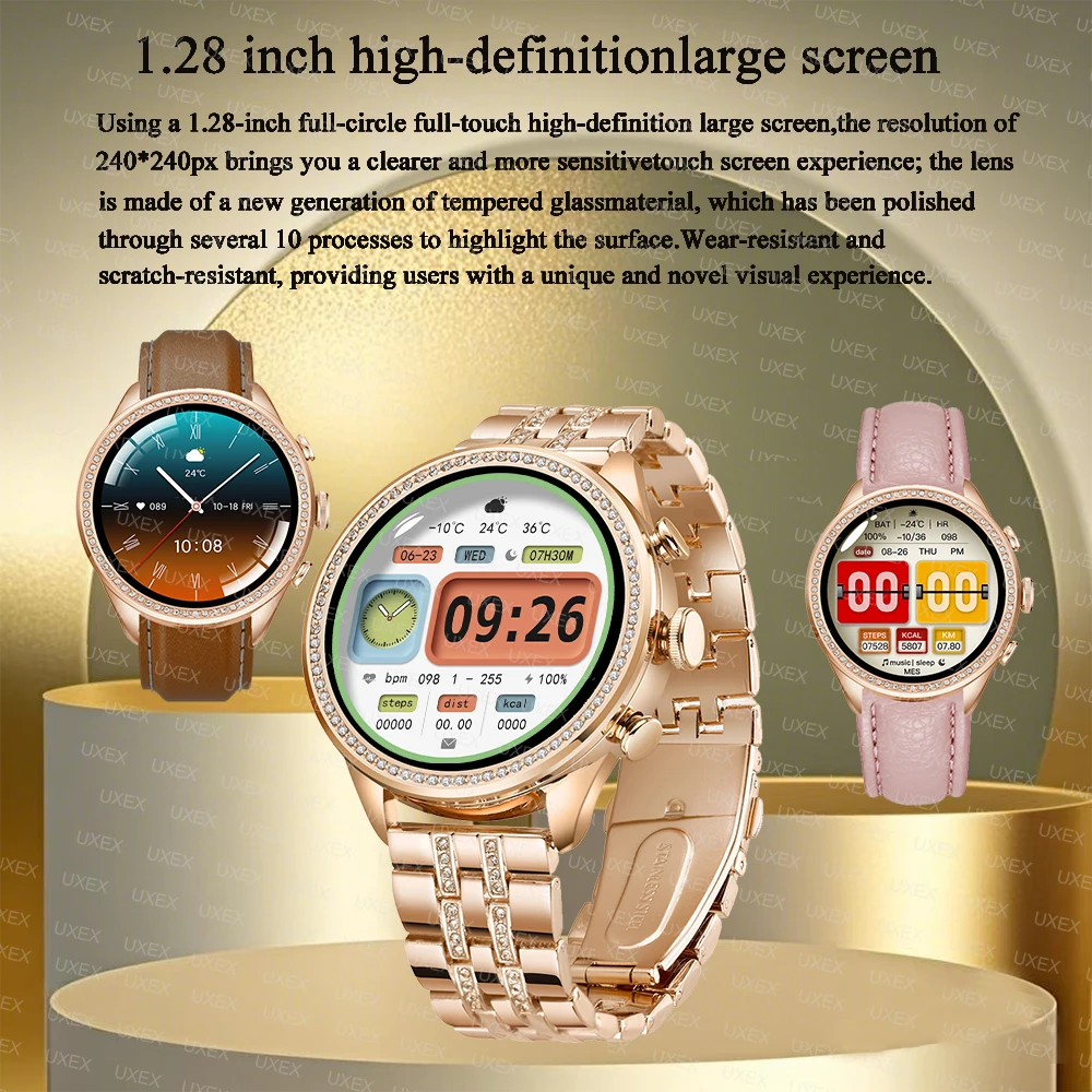 Mode Luxus Gold Frauen Smart Uhren Valentinstag Geschenk Diamant Armband Bluetooth Anruf Benachrichtigung Erinnerung Smartwatch Damen