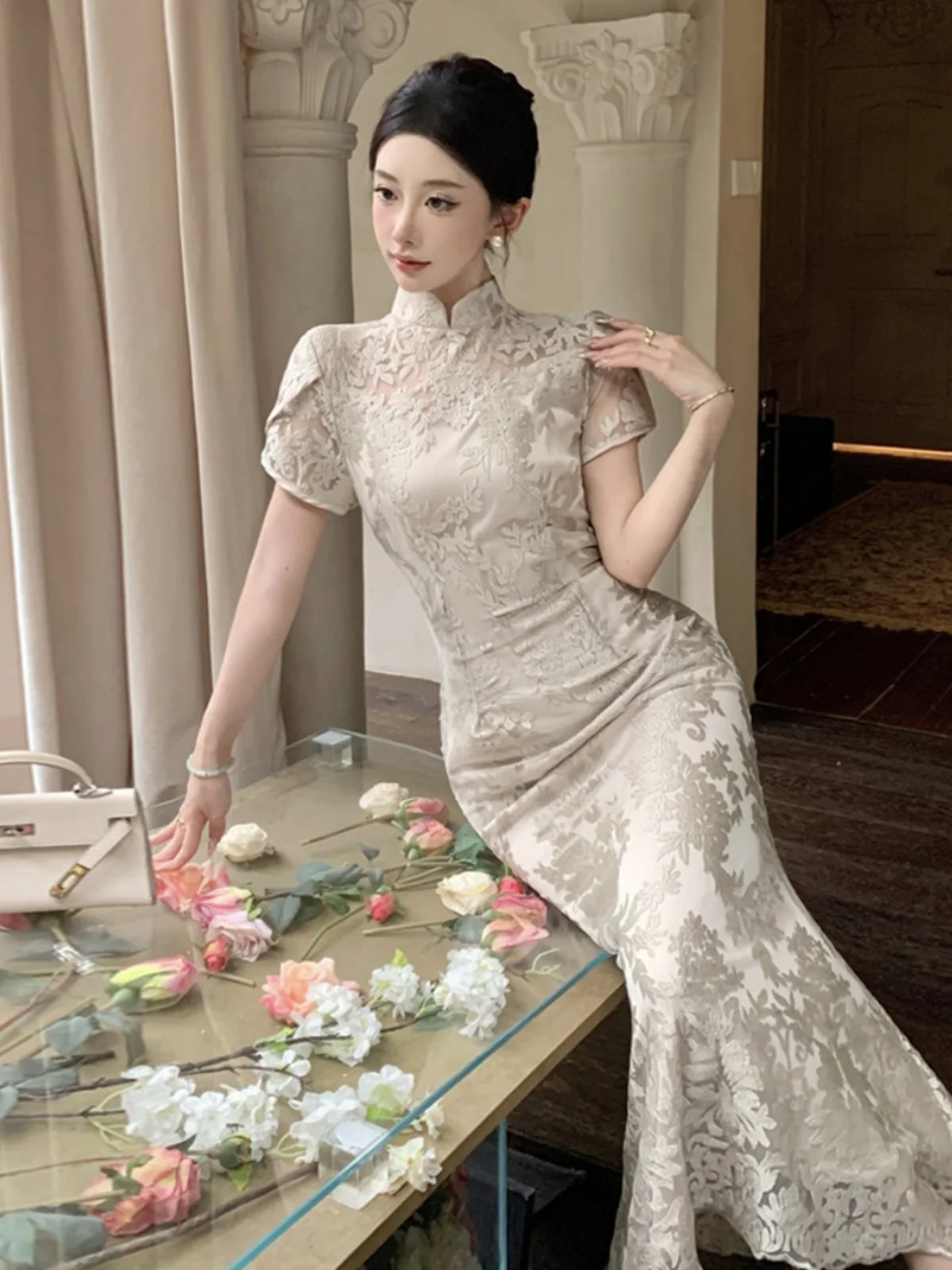 Retro neo-chinês y2k gola renda emendada bodycone sereia vestido elegante high-end socialite senhora vestido verão na moda outfit