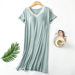 Women Spring Summer Nightdress Modal Short Sleeved Chest Pad Lace Home Wear Dress Large Size Nightgowns Female Night Shirt