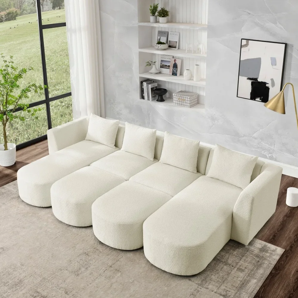 U Shape Sectional Sofa Including Two Single Seat Two Chaises and Ottomans Modular Sofa DIY Combination Loop Yarn Fabric Beige