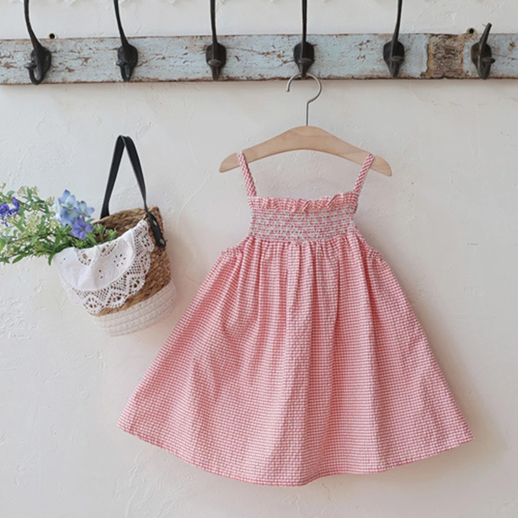 Summer 2026 Plaid Fresh Style Girls Dress Children's Checkered Mini Dress with Strap in Stock Girls Clothing
