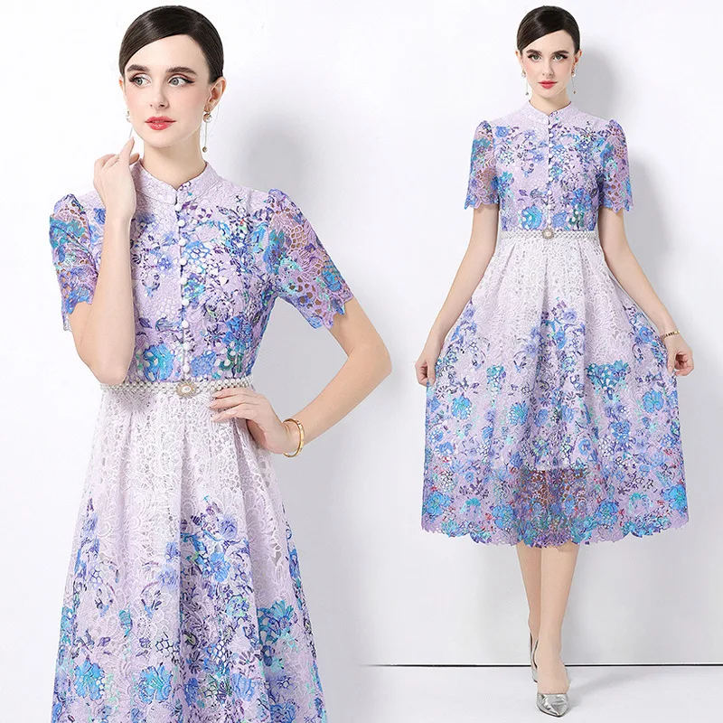 Original ort Sve Hollow out Soluble Lace Mid-Length Dr Street Sle Knitted A-Line Skirt Thiened Velvet Fabric