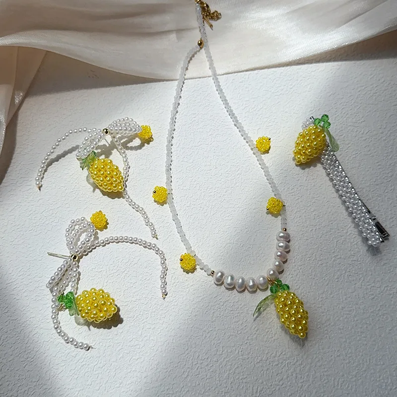 Pearl lemon necklace cute fun fruit shape millet bead bow earrings