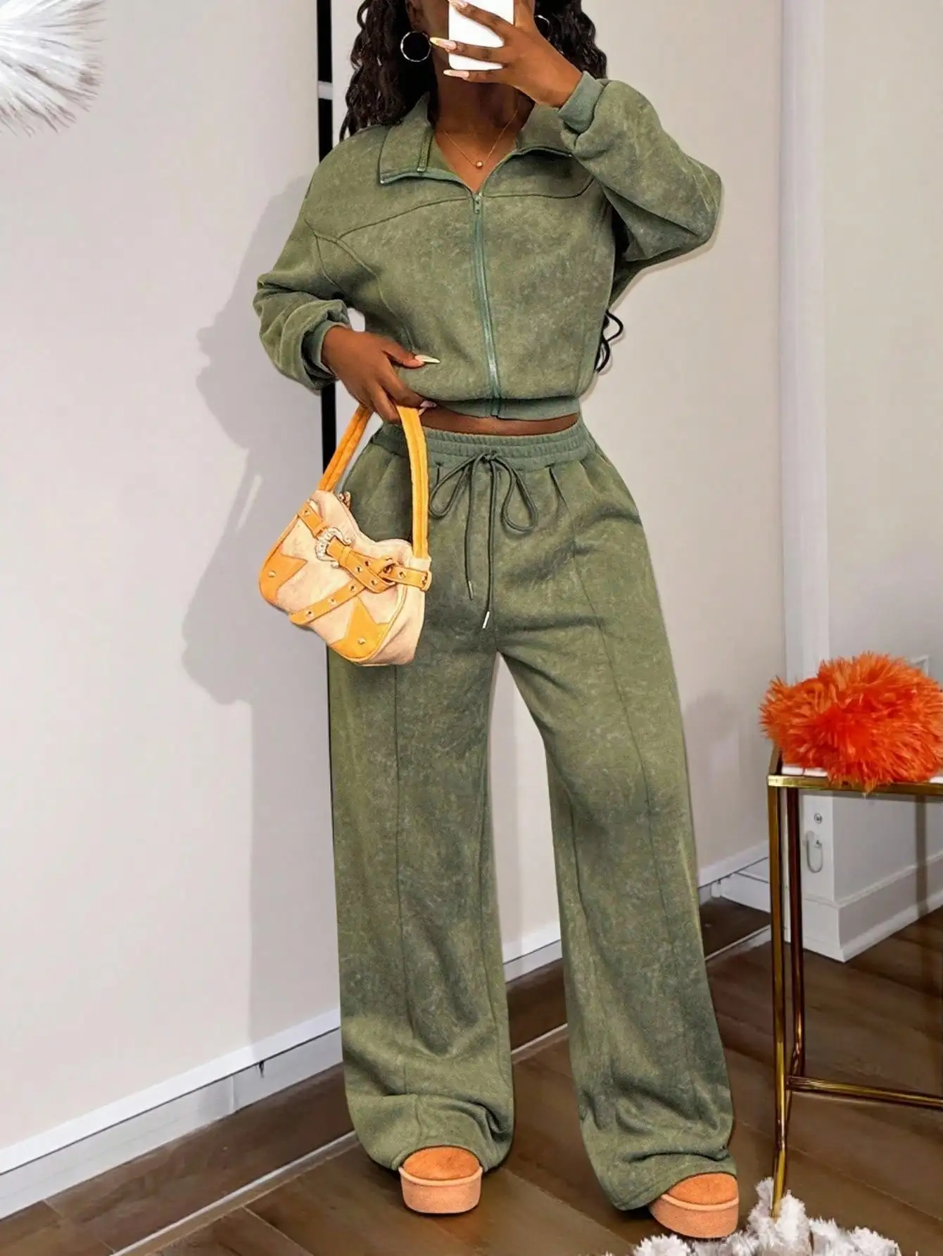 

Army Green Snow-Washed Knit Two Piece Set with Stand Collar & Wide Leg Pants for Casual Daily Wear