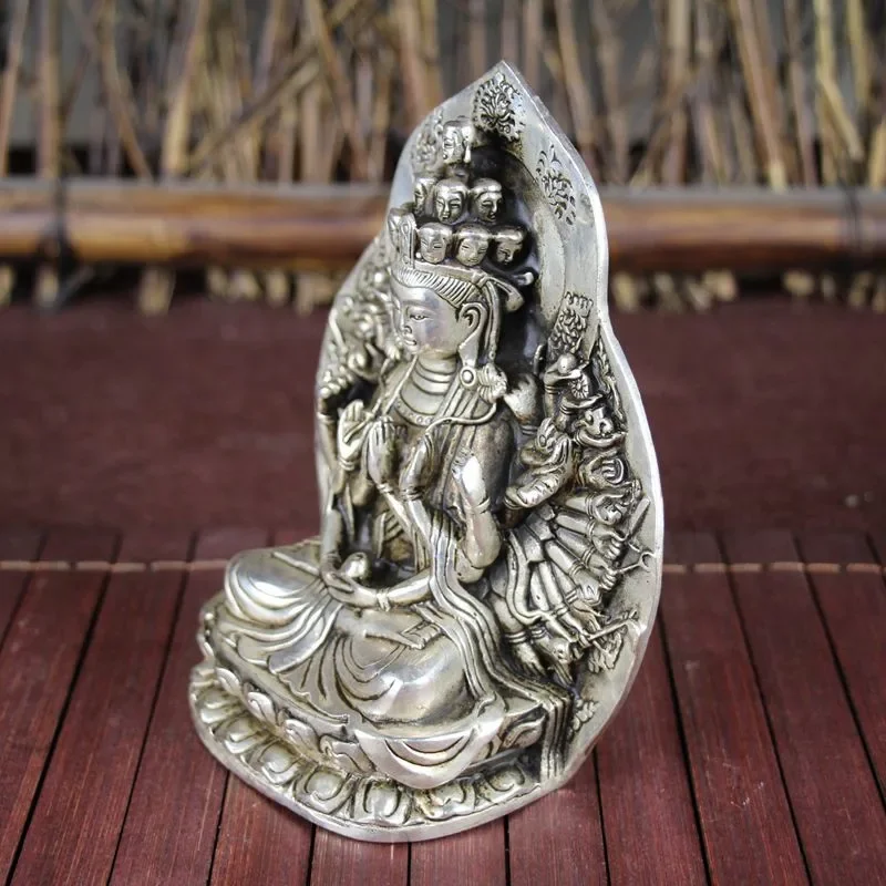 China antiguo Feng Shui adornos cobre blanco Chapado en plata miles de manos estatua de Buda Guanyin