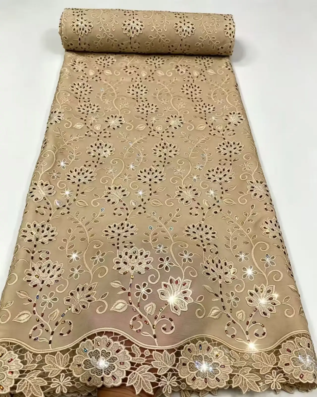 Chocolate Brown Embroidered Tulle Lace Fabric Multi‑Color Rhinestones, African Floral Vine Lace, Scalloped Edge Bridal Sewing