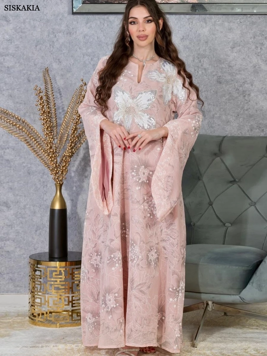 

Siskakia Dubai Print Maxi Abaya Sequin Floral Pattern Notched Neckline Dress Fashion Moroccan Women’S Clothes