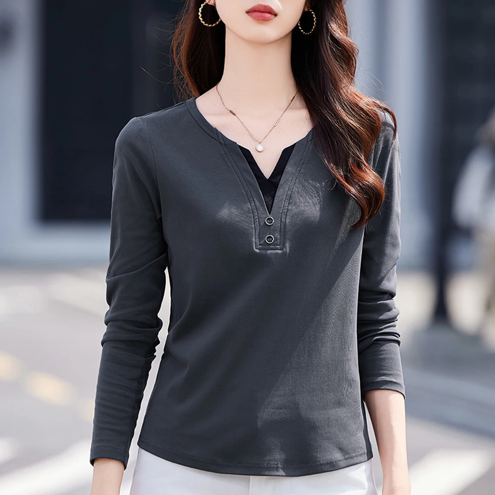 Korean style pink long sleeved t-shirt for women's autumn new cotton fashion plus size button slim fit fake two-piece V-neck top - view 4