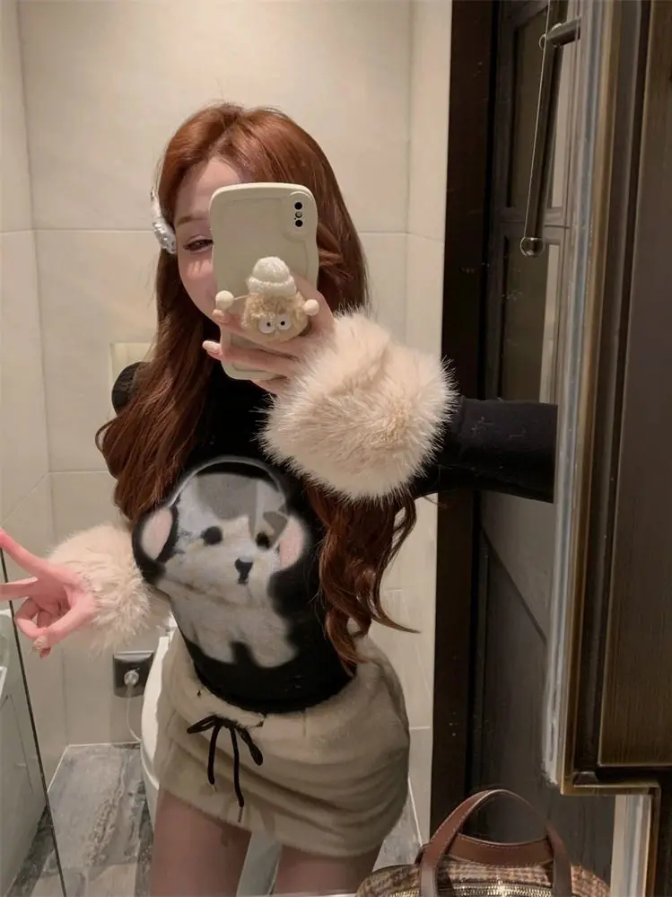 Kimotimo Hotsweet Puppy Print Detachable Fur Long Sleeved T-shirt Women Autumn Winter Turtleneck Slim Fit Bottom Y2k Crop Top view 4
