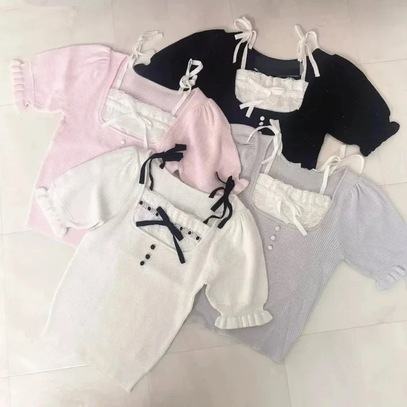 

Lolita Style Japanese Kawaii Women Sweet T-shirt Cute Puff Short Sleeve Bow Ribbon Y2k Slim Tops Female Casual Knitted Tee Shirt