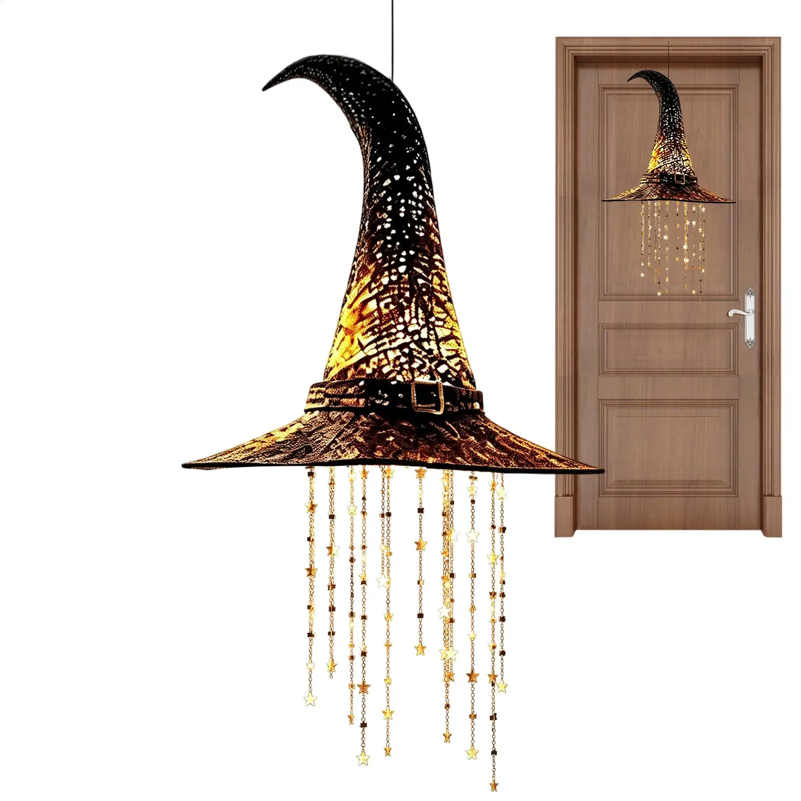 Lighted Witch Hat Hanging Chime Warm Led Glow Hanging Design LED Halloween Ornament Decor Warm LED Lights Hanging Witch Hat
