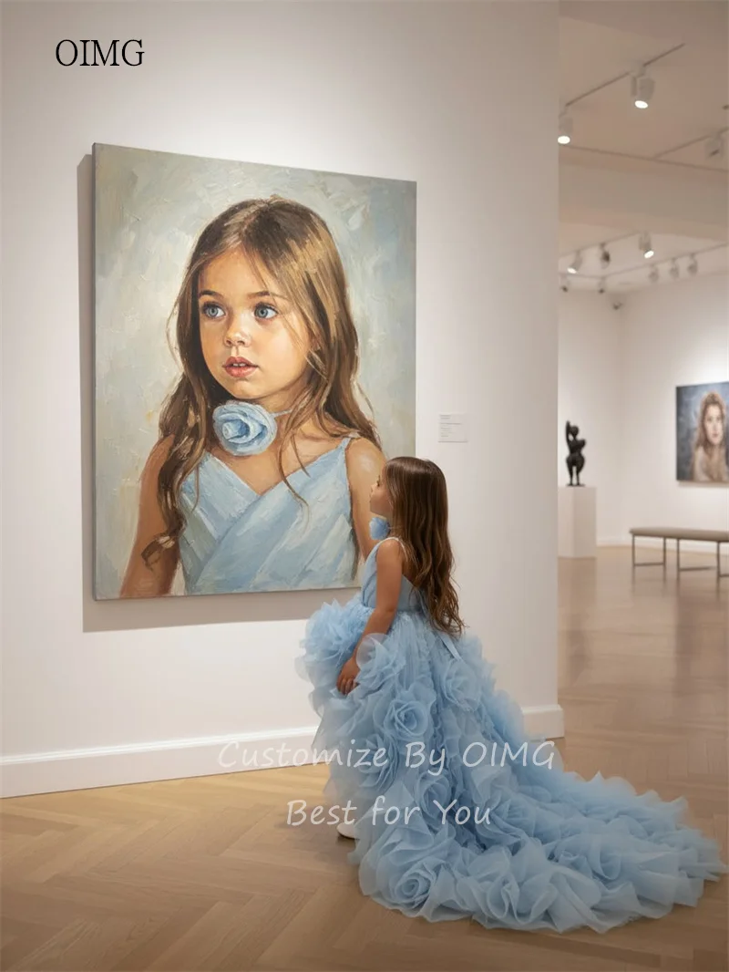 OIMG Luxurious Sky Blue High-Low Flower Girl Dresses Ruffled Pleated Wedding Party Dress Asymmetrical Birthday Dress Customized