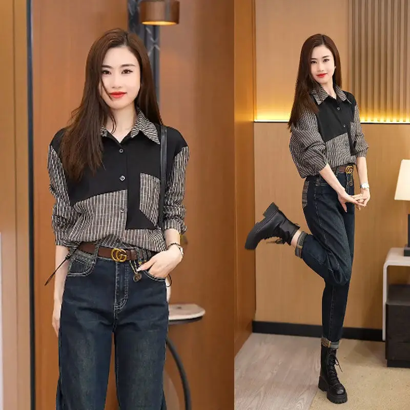 2024 spring Autumn New Fashionable long sleeves Striped Shirt for women's High Quality Loose Western Style Splicing trendy Top