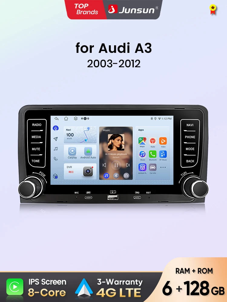 Junsun 7 Zoll Autoradio für Audi A3 8P S3 RS3 2003-2012 CarPlay Android Auto FM RDS DSP BT GPS Navi SWC HD IPS Touchscreen Plug & Play Multimedia-Player Freisprecheinrichtung