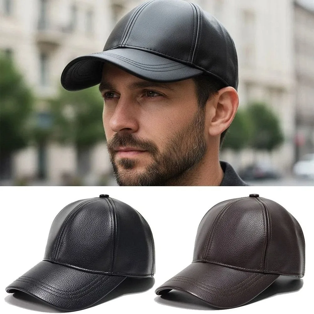 قبعة بيسبول دافئة من جلد البولي يوريثان بلون سادة مقاومة للرياح قبعة ريترو مبطنة بالصوف قبعة رجالية قابلة للتعديل للشتاء