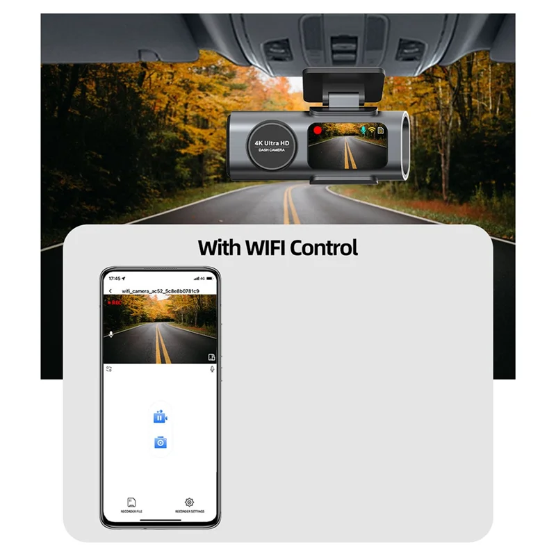 AA08-Dash Cam DVR 4K UHD Videocamera per auto Videoregistratore Visione notturna GPS Doppia lente Wi-Fi integrato Parcheggio 24 ore