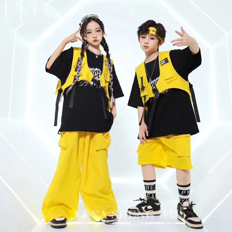 Hip Hop filles gilet jaune Cargo pantalon garçons Cool T-shirt rue danse Joggers enfants Streetwear vêtements ensembles enfants Jazz Costumes