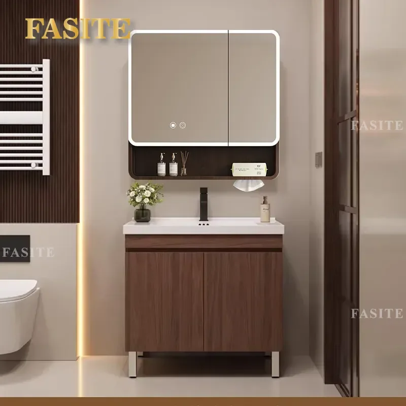 For New Chinese Walnut Color Bathroom Cabinet Combination Intelligent Ceramic Integrated Basin Floor Washing Table Face Hand