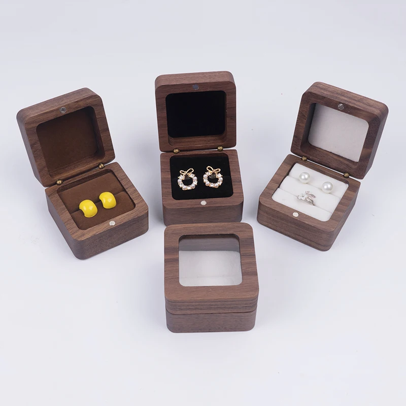 Wood Jewelry Box Wedding Ring Box Velvet Earring Rings Gift Packaging Box Holder Organizer Proposal Engagement Ring Display Case