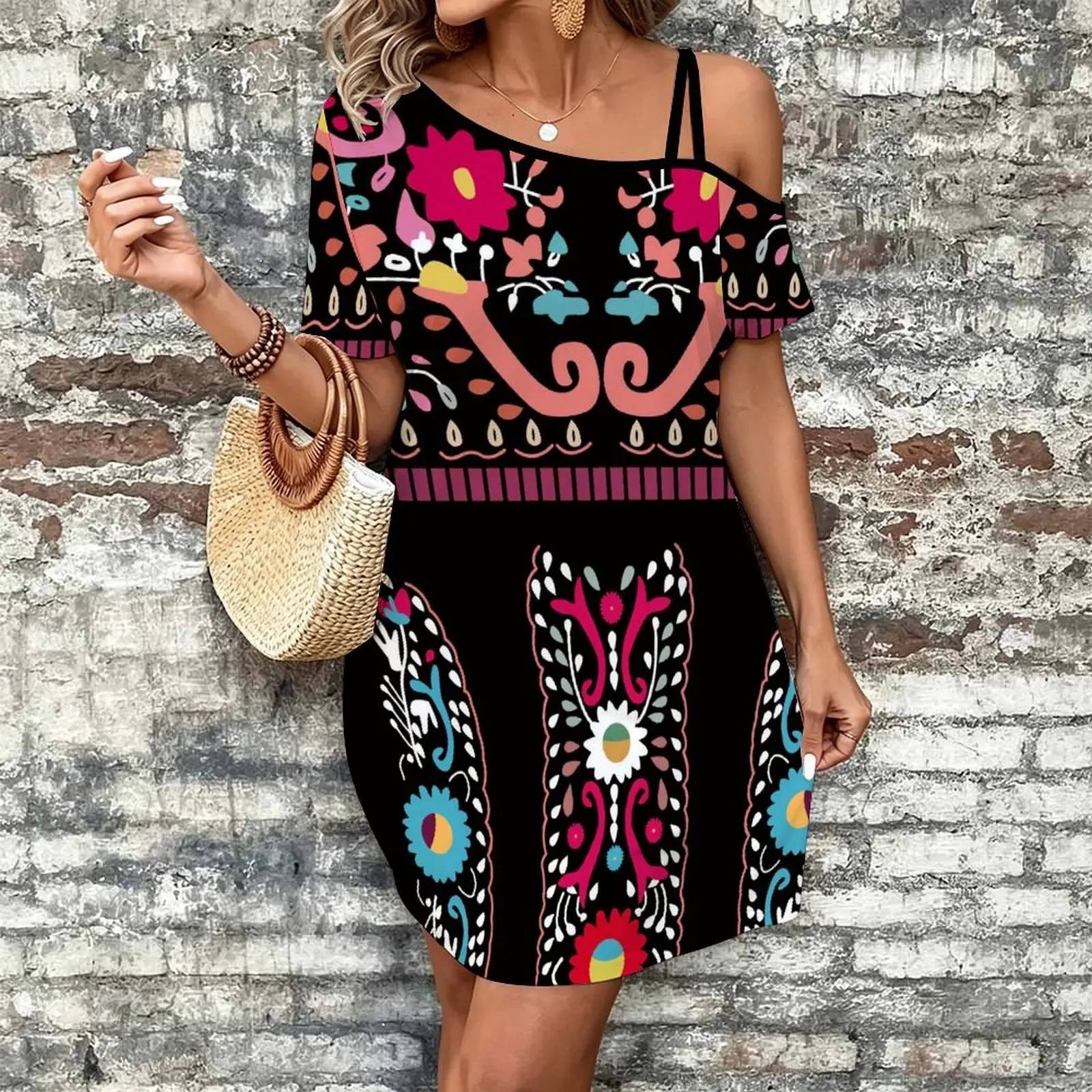 Women Print Cold Shoulder Short Sleeve Mini Dress Irregular Off Shoulder Casual Loose Tunic Dress