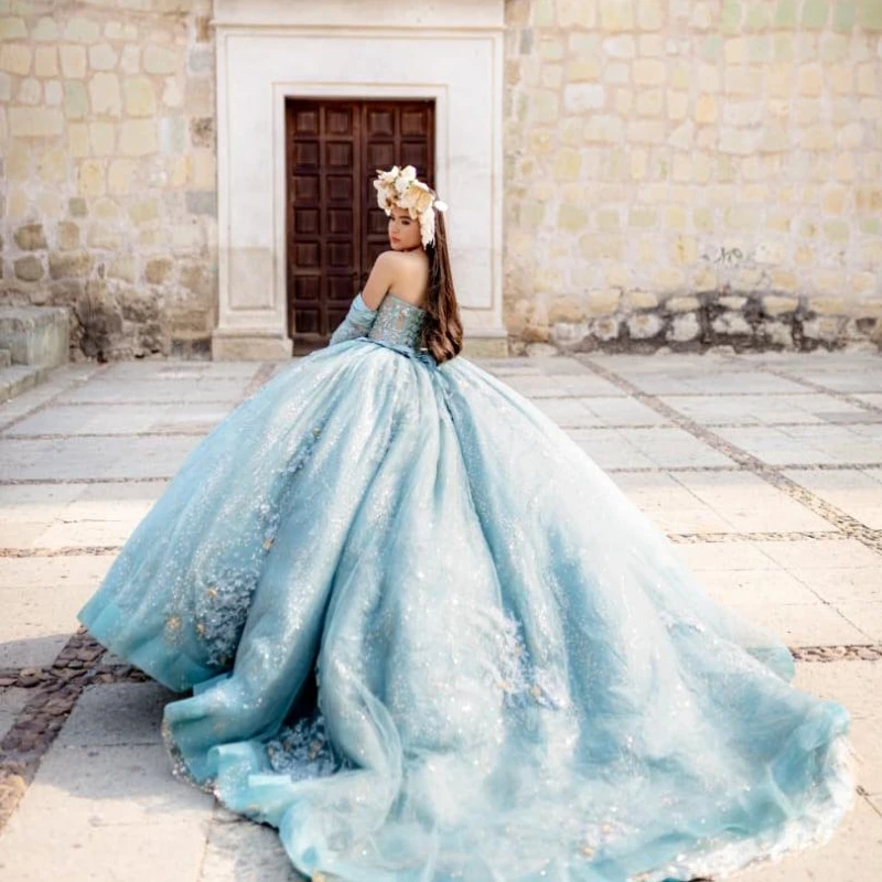 Luxury Water Blue Shiny Quinceanera Dress Party Gown Princess Off The Shoulder Lace Appliques Beads For 16 Years vestido de char