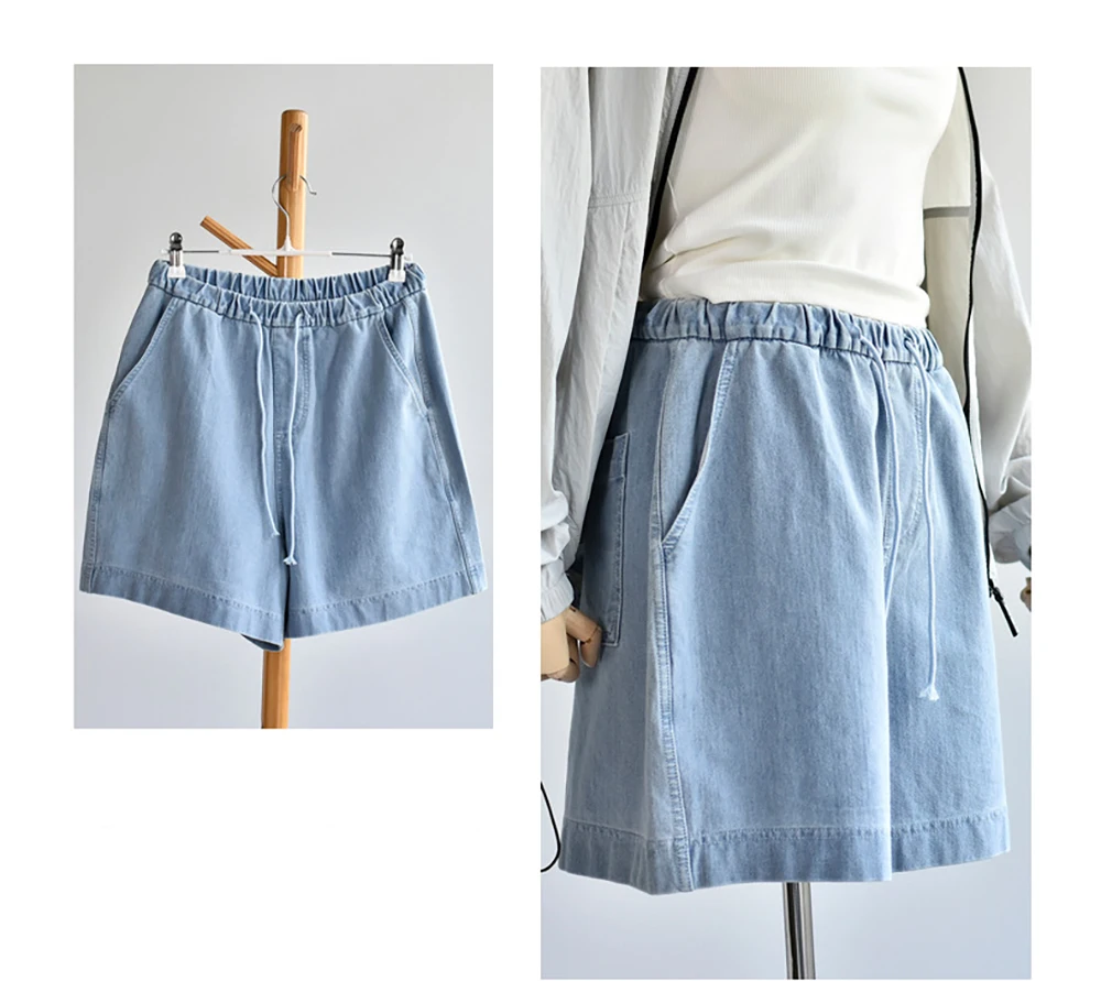 女性ライトブルーデニムショーツ夏アメリカンスタイル巾着ウエストゴムホットパンツ女性カジュアルルーズワイドレッグショーツ