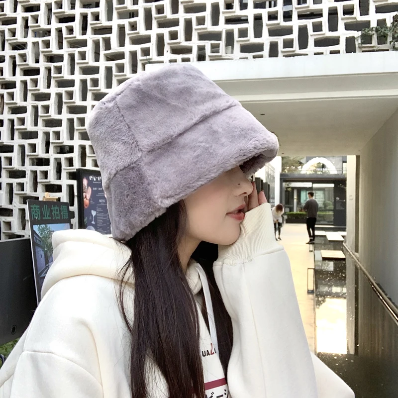 

2022 Winter Lambswool Hats Women South Korean/Japan 100% Wool Fur Fisherman Casquette Female White/Grey Shearing Warm Basin Caps