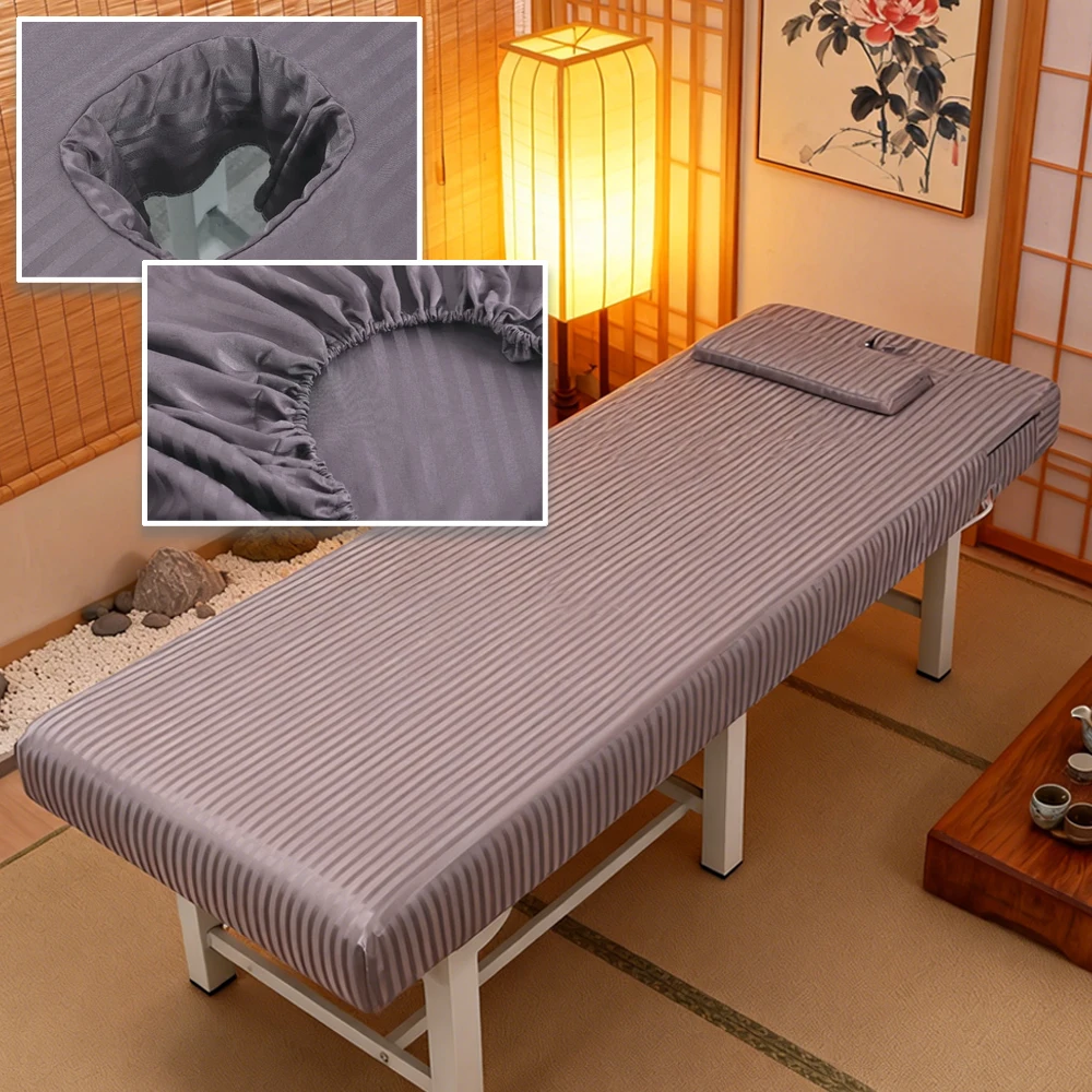 1PC Massage Bed Cover Stripe Massage Table Fitted Bed Sheet with Hole Elastic Band Dustproof Durable Anti-wrinkle Waable Bedding