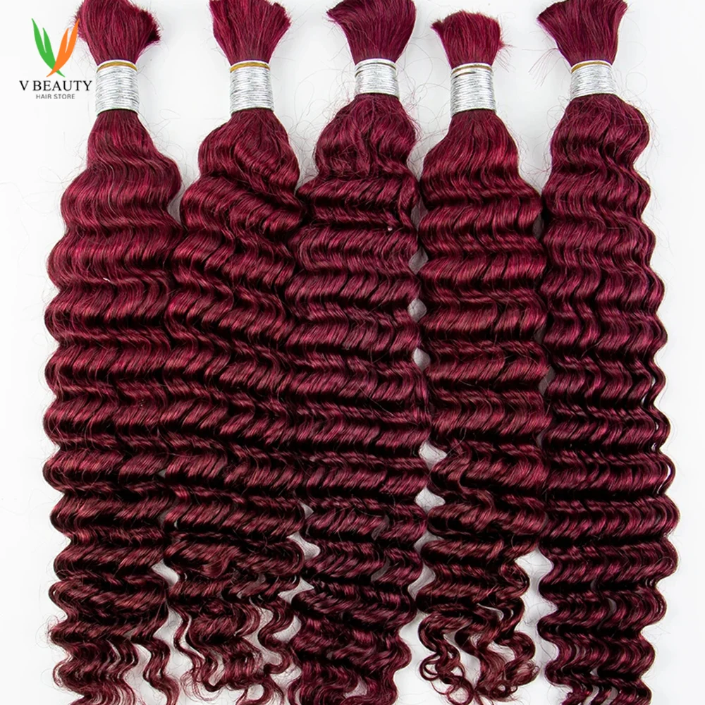 Burgundy 16Inch Deep Wave Human Braiding Hair Curly Human Hair Braiding Hair 100 Percent Human Braiding Hair for Boho Braids