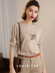 LOUIS YAO Women Tees Undershirt 2026 Autumn Long Sleeve O Neck Printed Long Sleeve T-shirt Women Top Casual Basic All Match Top