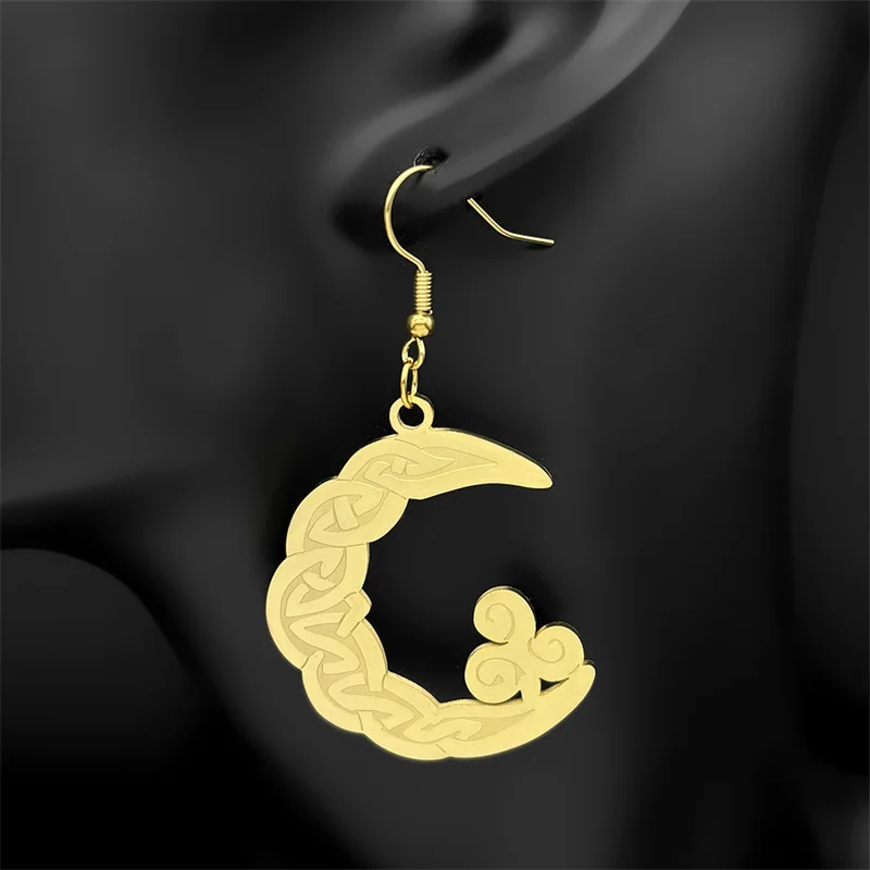 Vintage Crescent Moon Triquetra Trinity Women's Hoop Earrings Stainless Steel Gold Plated Witch Celtic Knot Cloud Jewelry