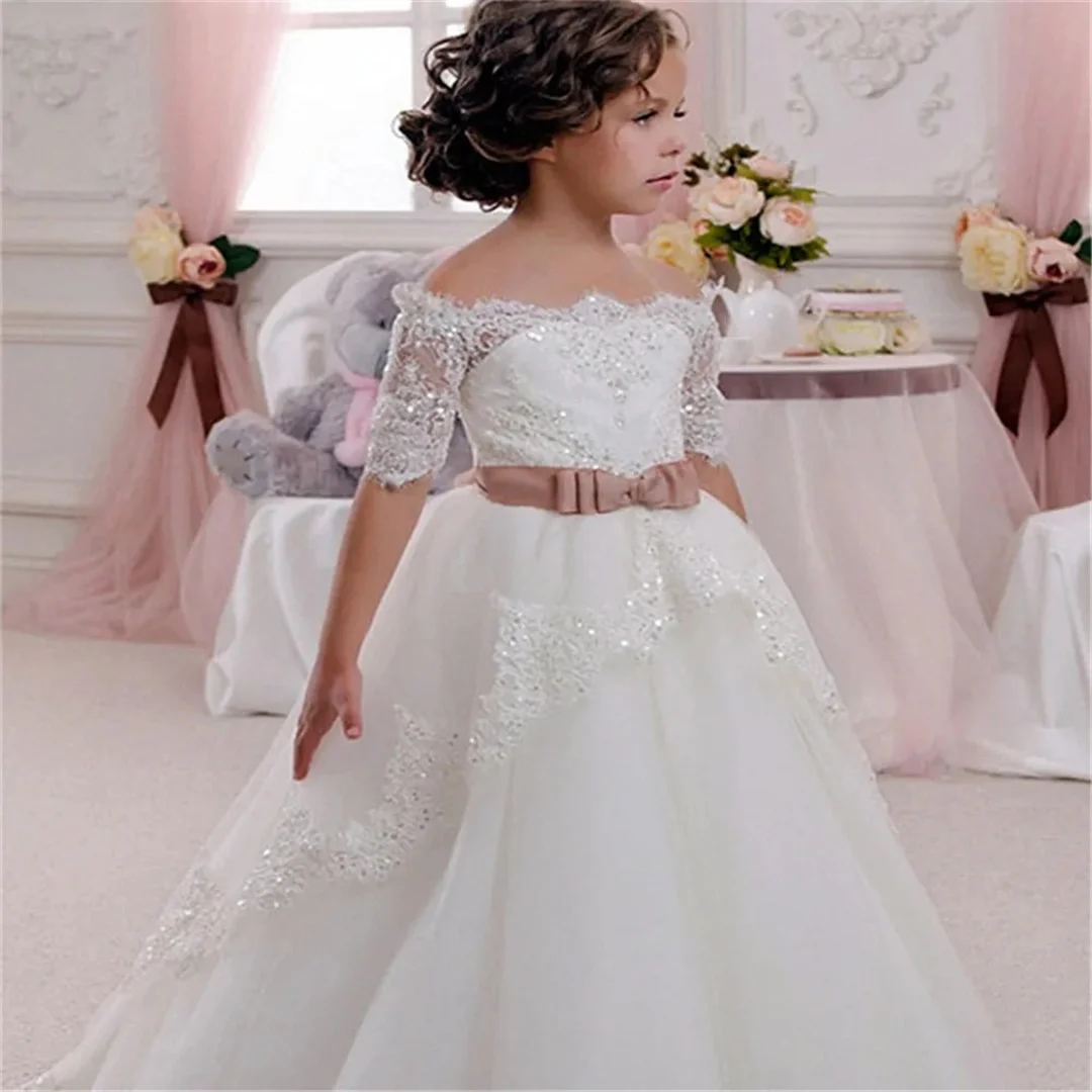 Lace Wedding Flower Girl Dresses Appliques With Sash Infant Toddler Kids First Communion Dress Birthday Prom Party Gown