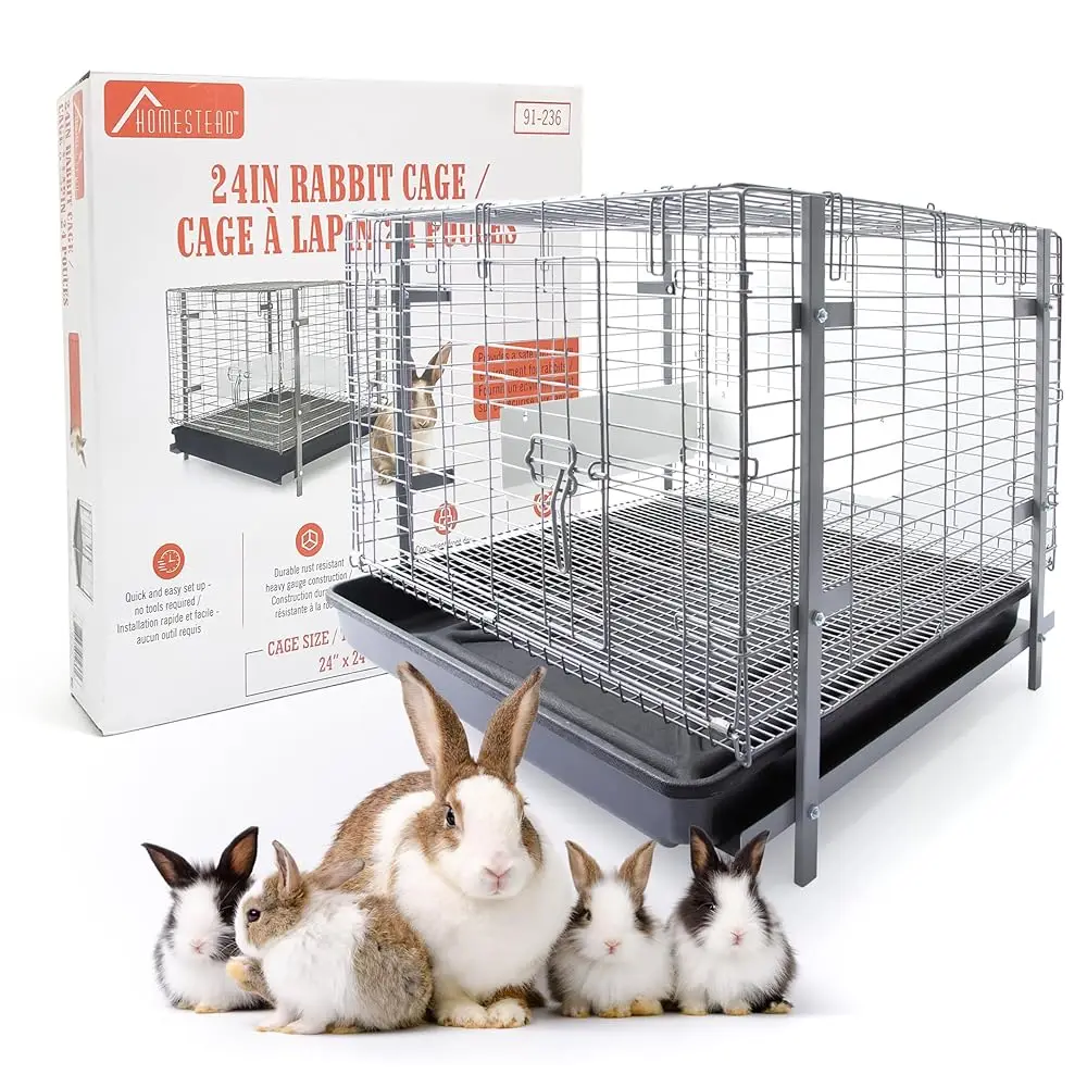 

Bunny Cages With Tray - 24-Inch Easy-Clean Rabbit Cage With Enhanced Kit - Leg, Frame, & Urine Guard Luded - I & Secure Home