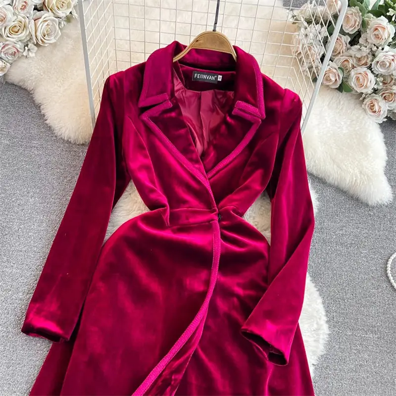 Luxury Style Velvet Jacket Windbreaker Long Sleeve Suit Collar Slim X-Long Coat Autumn Winter Fashion Elegant Blazer Dress Z2776