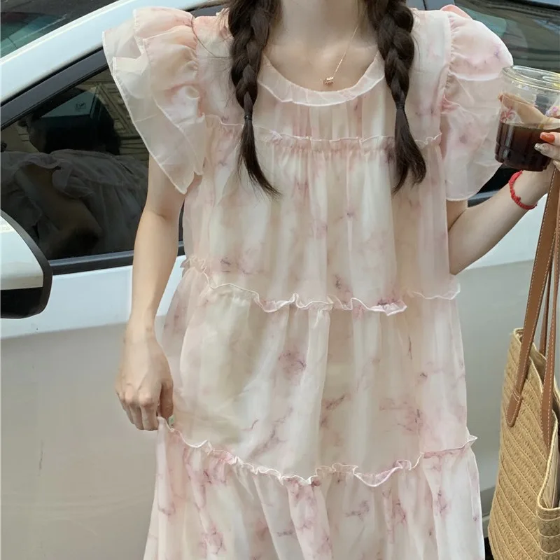 French Elegant Sweet Chiffon Dress for Women Summer Mori Girl Cute Fairy Aesthetic Loose A-Line Pink Blue Long Dresses Vestidos