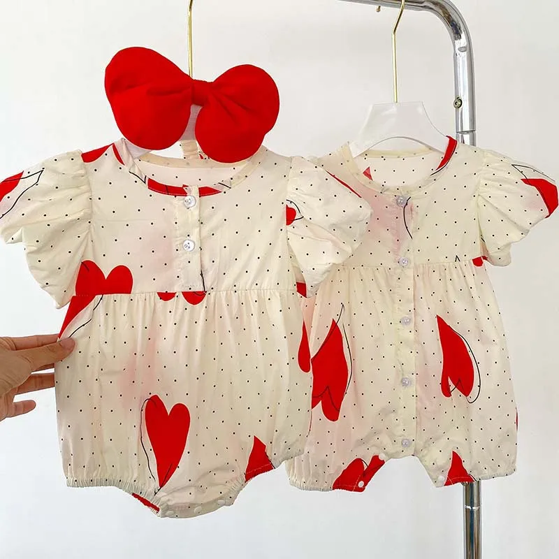 Summer Red Love Newborn Kid Girls Short Sleeve  Print Dot Cotton Clothing Bodysuits or Romper Infant Baby Cute Gift Headband