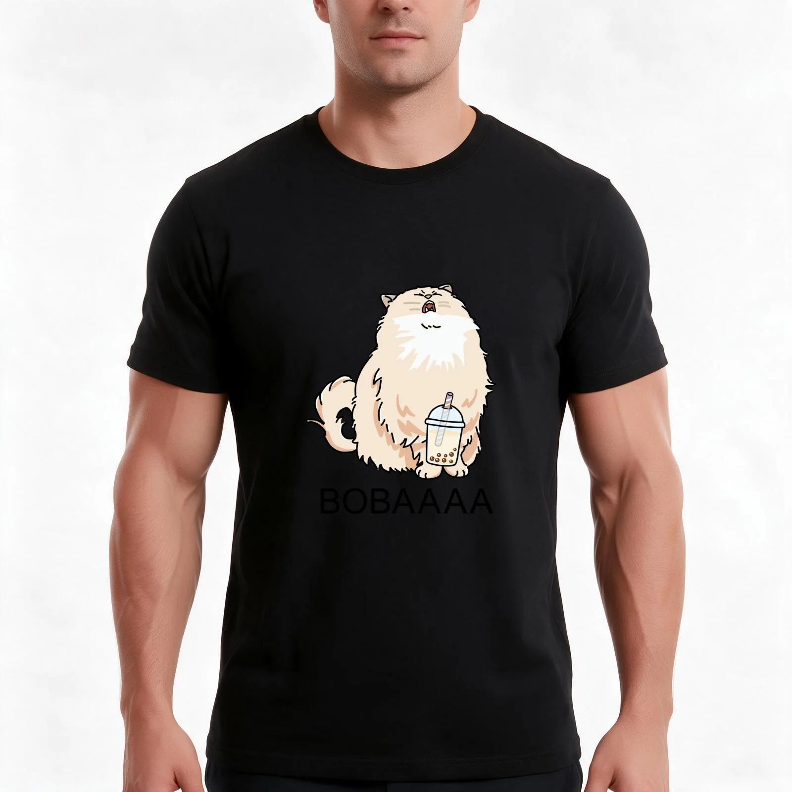 Screaming Cat Wants Boba! T-Shirt, Summer Casual Cotton Tee, Oversized Streetwear Tops, Vintage Graphic Print, Unisex Men Women