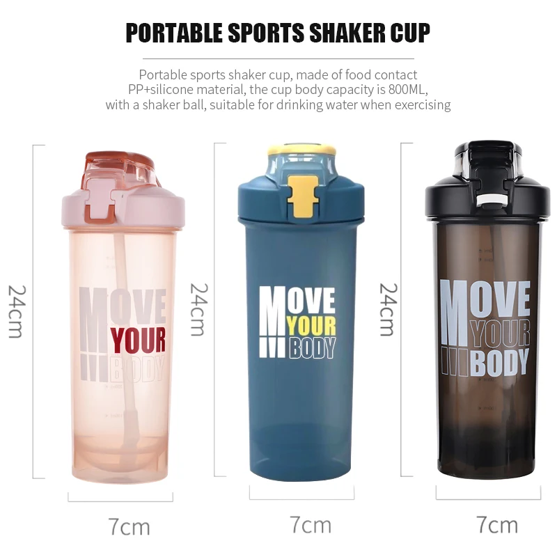 Sport Shaker Bottle 800ML Large Capacity With Straw Shaker Bottle Protein Powder Milkshake Cup Outdoor Portable Plastic Bottle