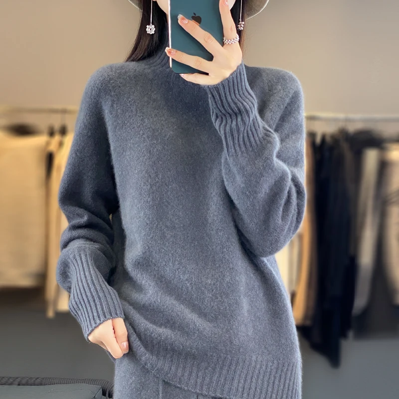 

High Neck Thick Wool Pullover For Women Warm And Loose Solid Color Knit Jumper Top WinterAutumn New Sty 100% Merino Wool Sweater