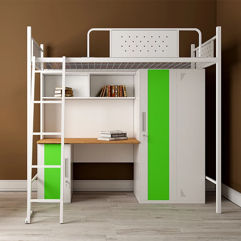 JZD Dormitory Bedroom Furniture Bunk Bed With Desk And Shelf  And Mattress Loft Metal Beds