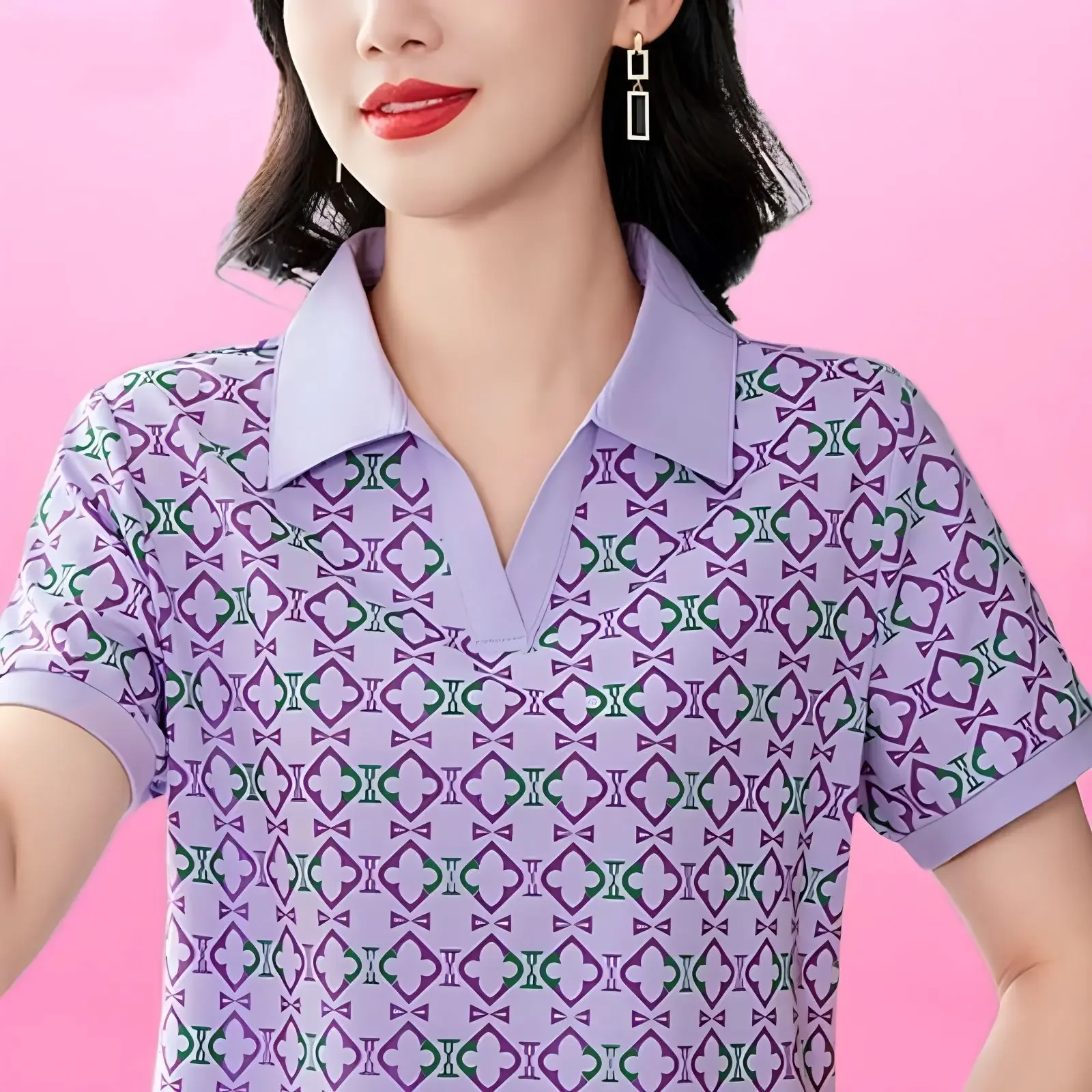 Camisa polo de manga curta feminina, roupa de tamanho grande, camisa de golfe, roupa estampada, moda verão, novo, 2024