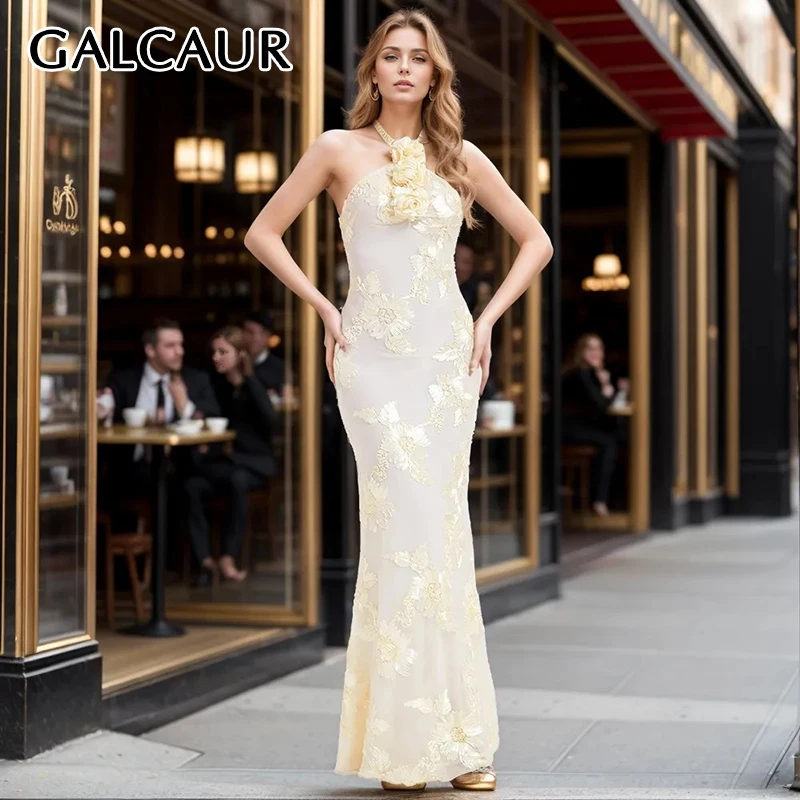 

GALCAUR Sexy Appliques Dresses For Women Halter Sleeveless Off Shoulder High Waist Slimming Folds A Line Maxi Dress Female 2024