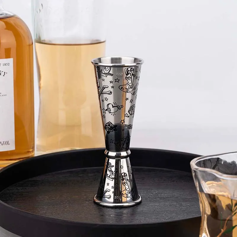 جديد 30/60 مللي جيجر من الفولاذ المقاوم للصدأ محفور بالكامل مع تصميم الوشم ، كوب قياس شريطي مزدوج الجوانب مع تغليف كيس الهدايا #5