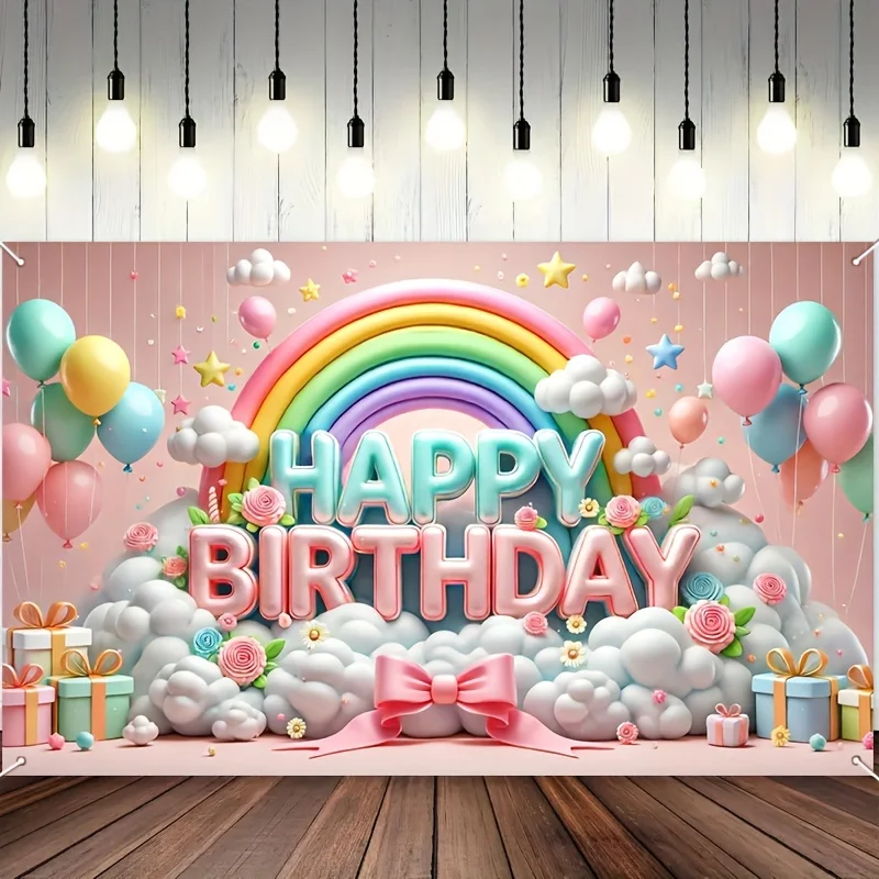 Happy Birthday Background Banner 1pcs 3D Balloons And Rainbow Design Party Background Decoration For Celebration