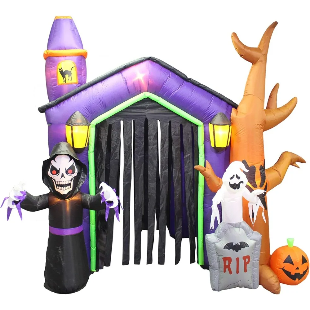 8.5 Foot Halloween Inflatable Haunted House Castle with Skeleton, Ghost & Skulls