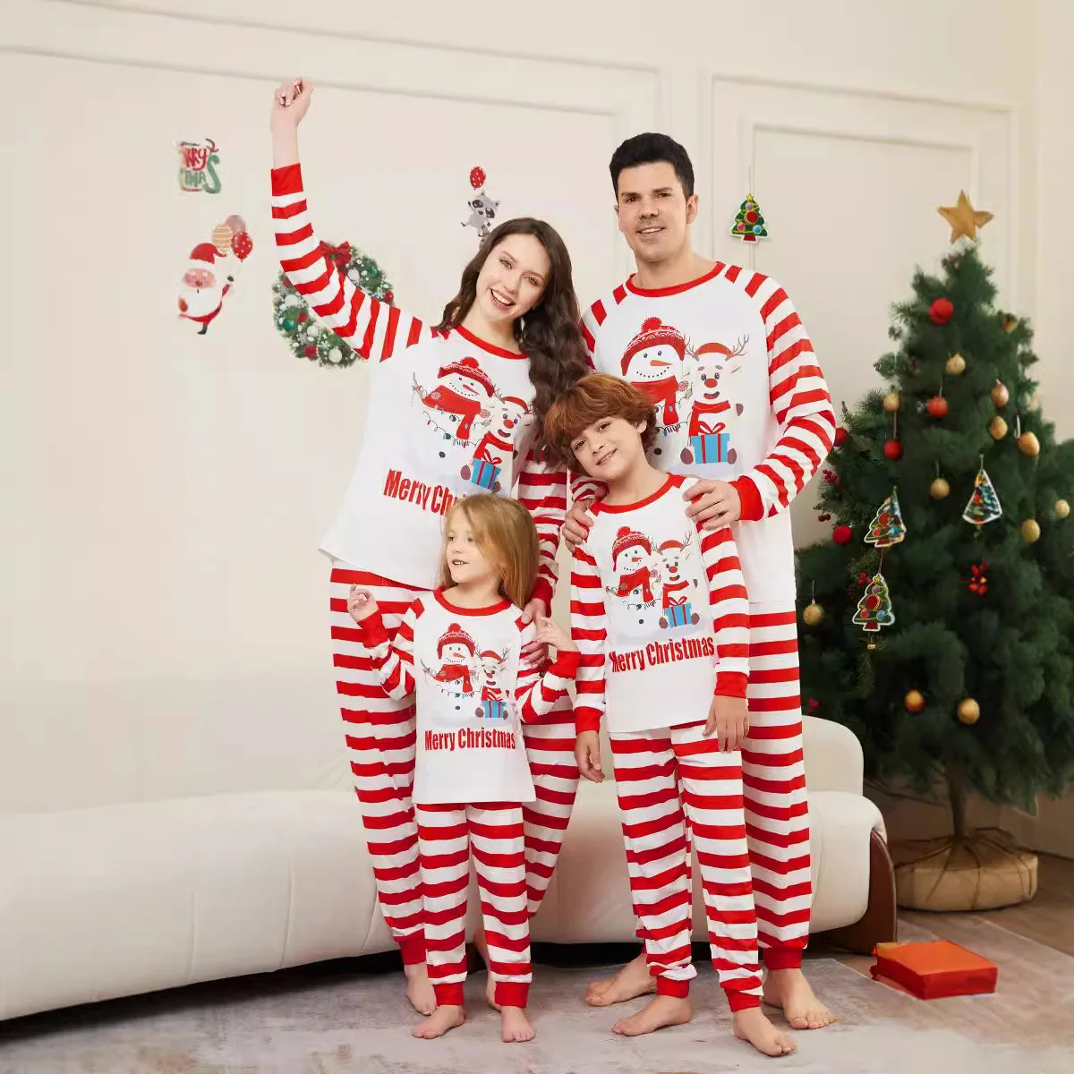 

Family home wear Christmas Deer Snowman family suit red and white stripes patchwork printed pajamas two-piece set