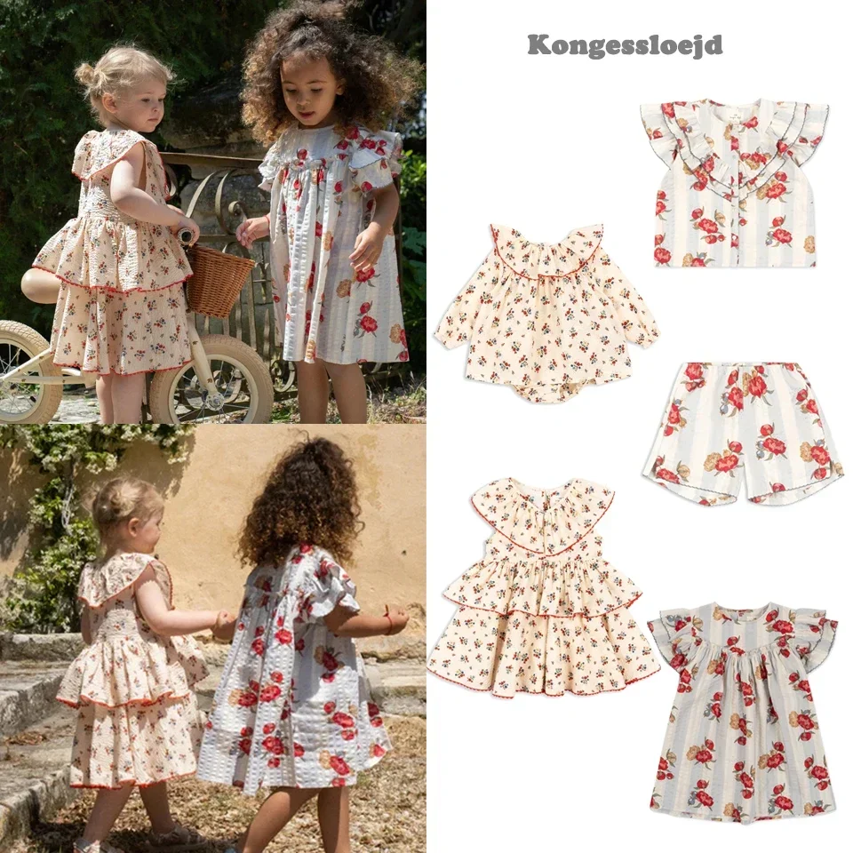 

2025 Summer Costume For Children Flowers Dress Rompers Girls Short Sleeves Children Dress Children's Top And Bottom Clothes Set